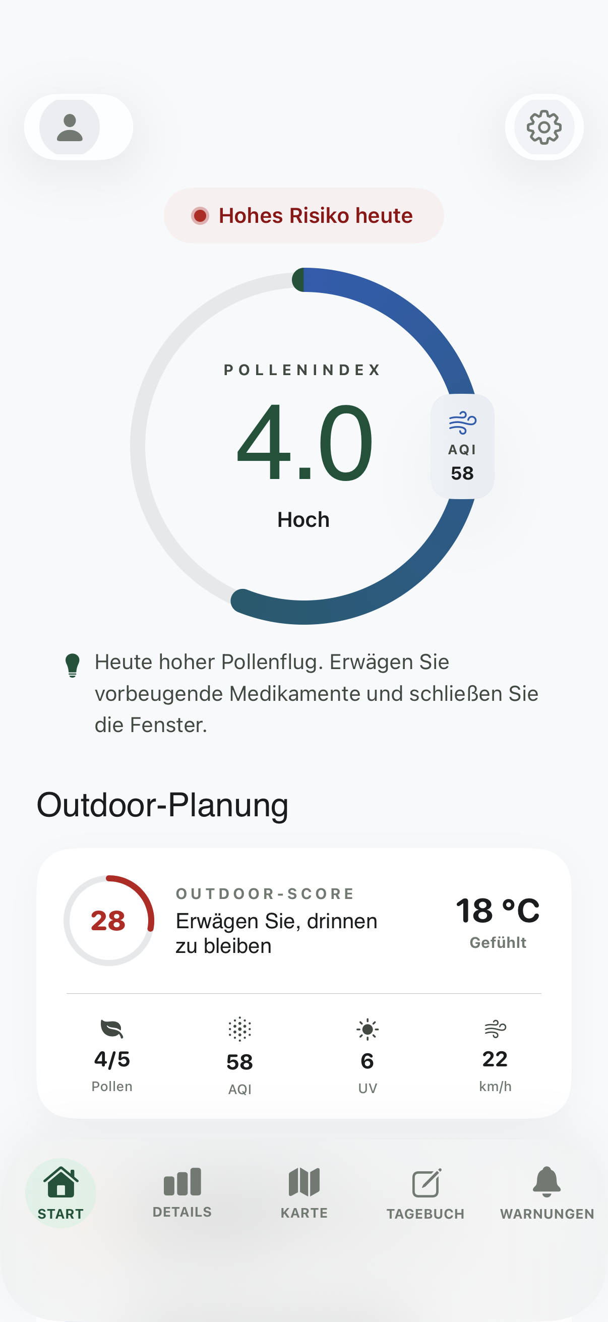Aeras home screen — Pollenflug · Allergie-Tagebuch