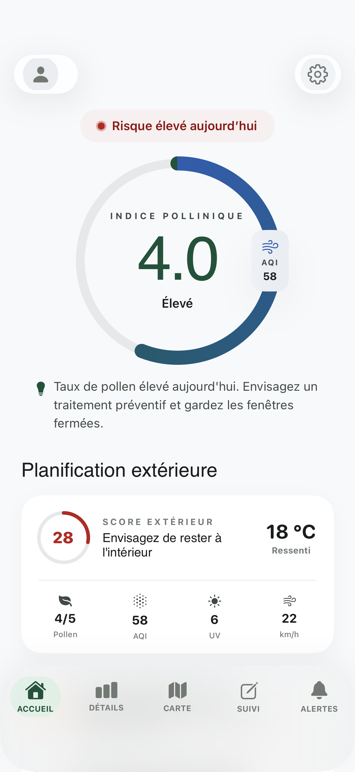 Aeras home screen — Prévisions polliniques · suivi des allergies