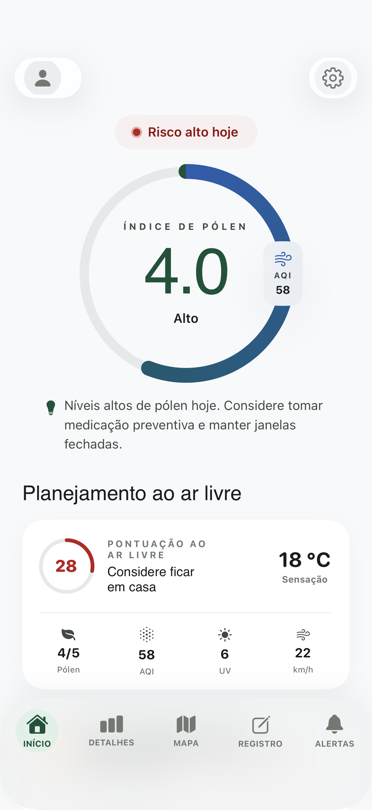 Aeras home screen — Previsão de pólen · diário de alergias